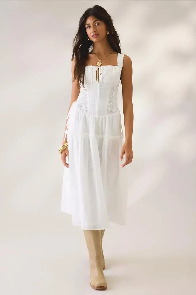 White Tiered Milkmaid Midi Dress with Lace Details and Knee-High Boots White Tiered Milkmaid Midi Dress with Lace Details and Knee-High Boots — Milkmaid Dresses 2027