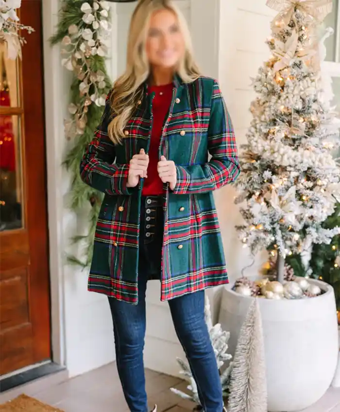 Green and Red Plaid Coat Over a Simple Top — Plaid Christmas Outfits 2026