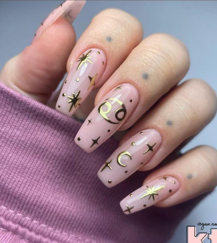 Sheer Pink Coffin Nails with Gold Celestial — Moon and Stars Nails 2027