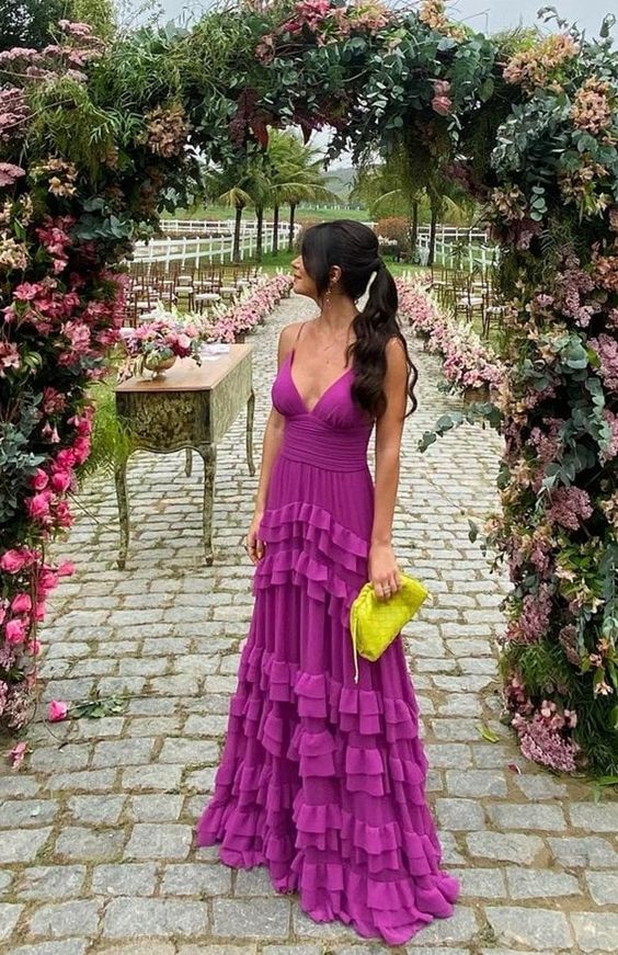 Magenta Chiffon Maxi Dress with Tiered Ruffled Skirt Magenta Chiffon Maxi Dress with Tiered Ruffled Skirt — Purple Prom Dresses 2027