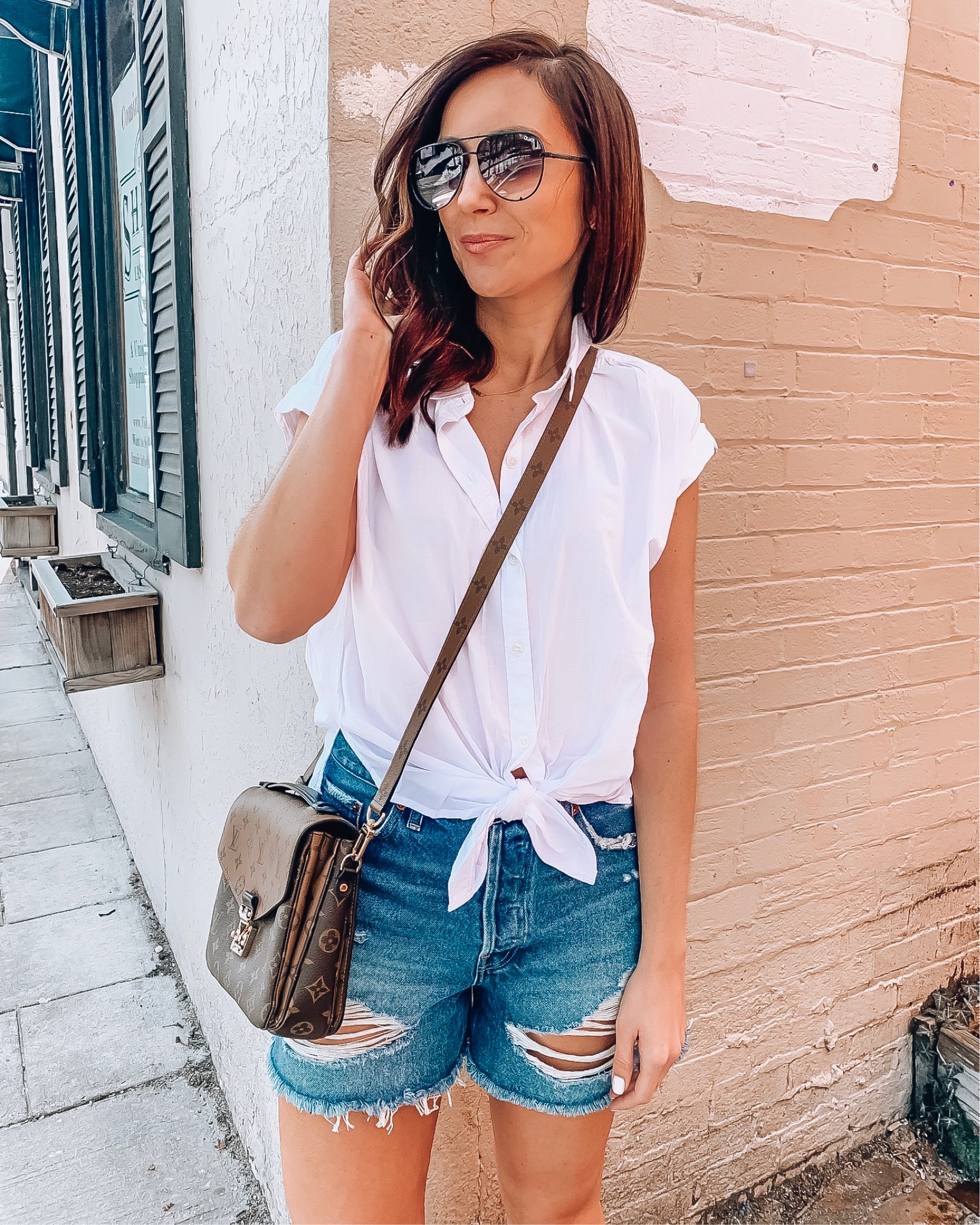 Tied Button-Up Shirt and Brown Sandals — Spring Denim Shorts Outfits 2027