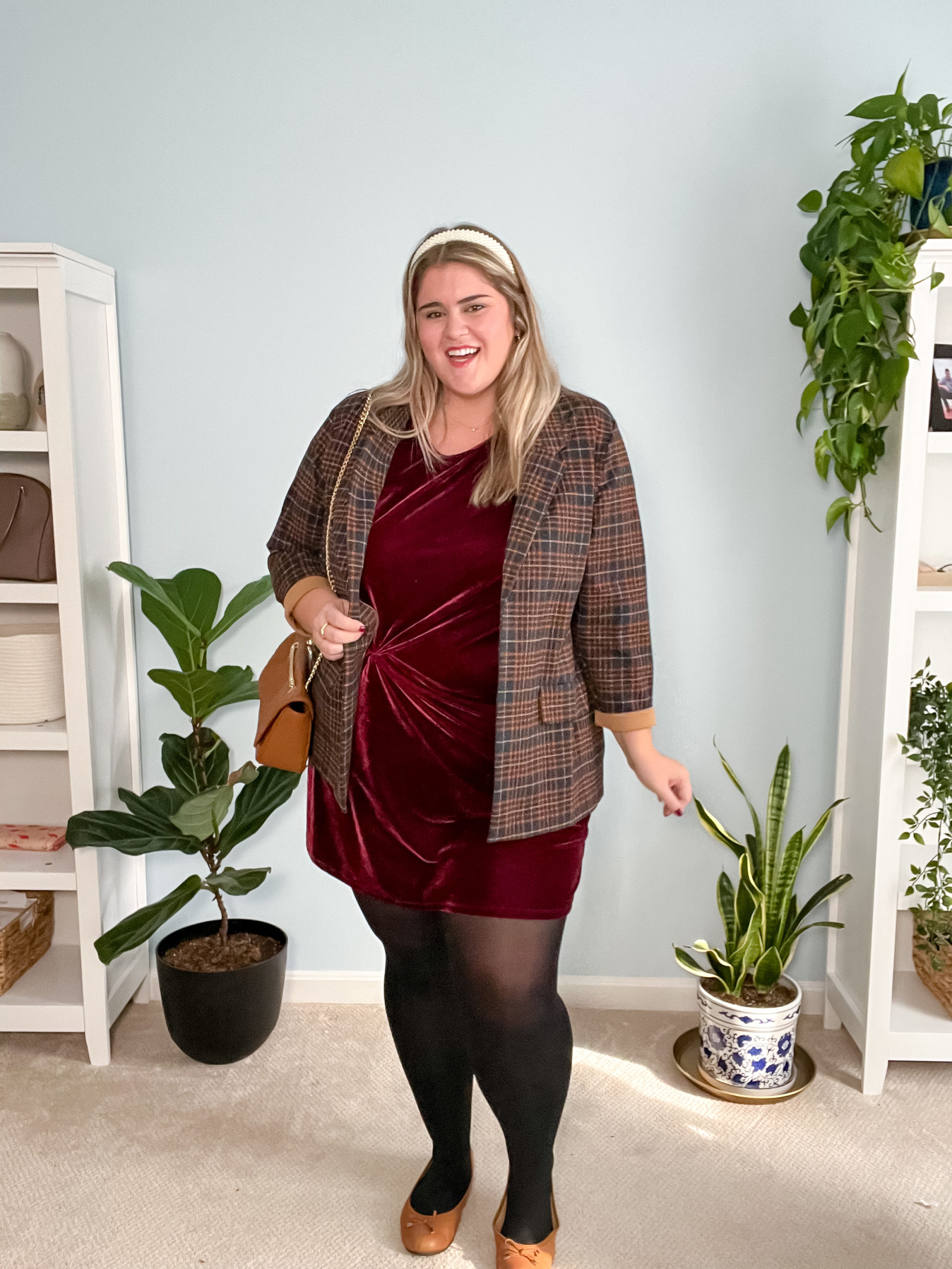 Burgundy Velvet Dress with Plaid Blazer for Thanksgiving — Plus Size Thanksgiving Outfits 2026