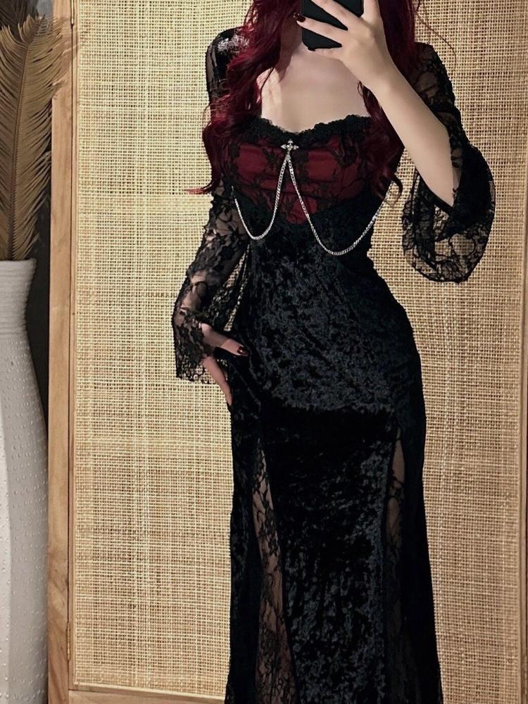 Maxi Lace Dress with Red Underlayer and Bell Sleeves Maxi Lace Dress with Red Underlayer and Bell Sleeves — Goth Lace Outfits 2027