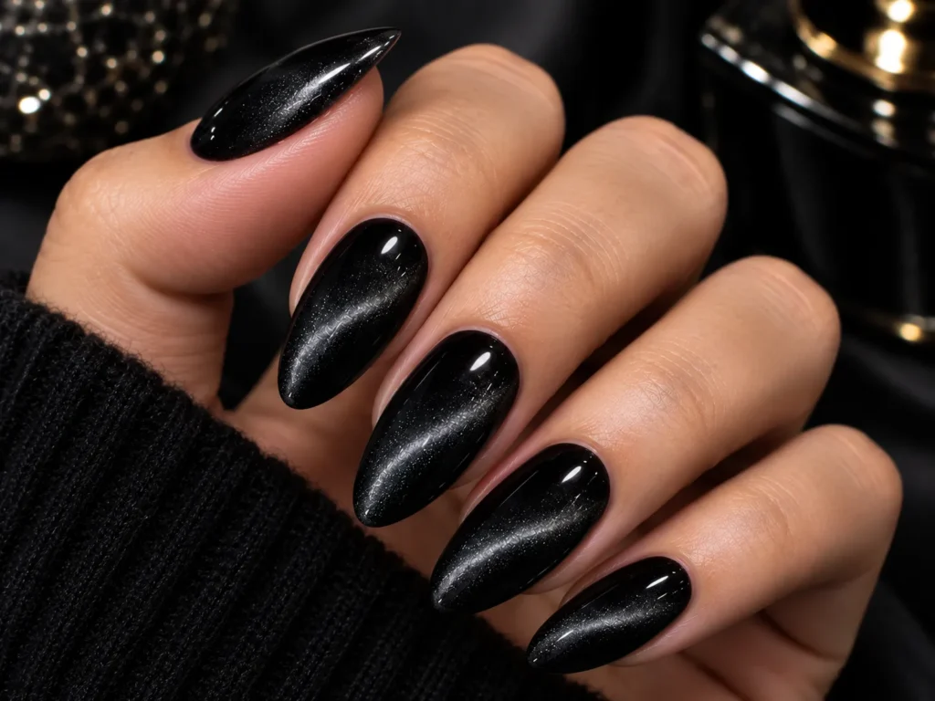 Black Cat Eye Glossy Nails Black Cat Eye Glossy Nails — Medium Length Winter Nails 2027
