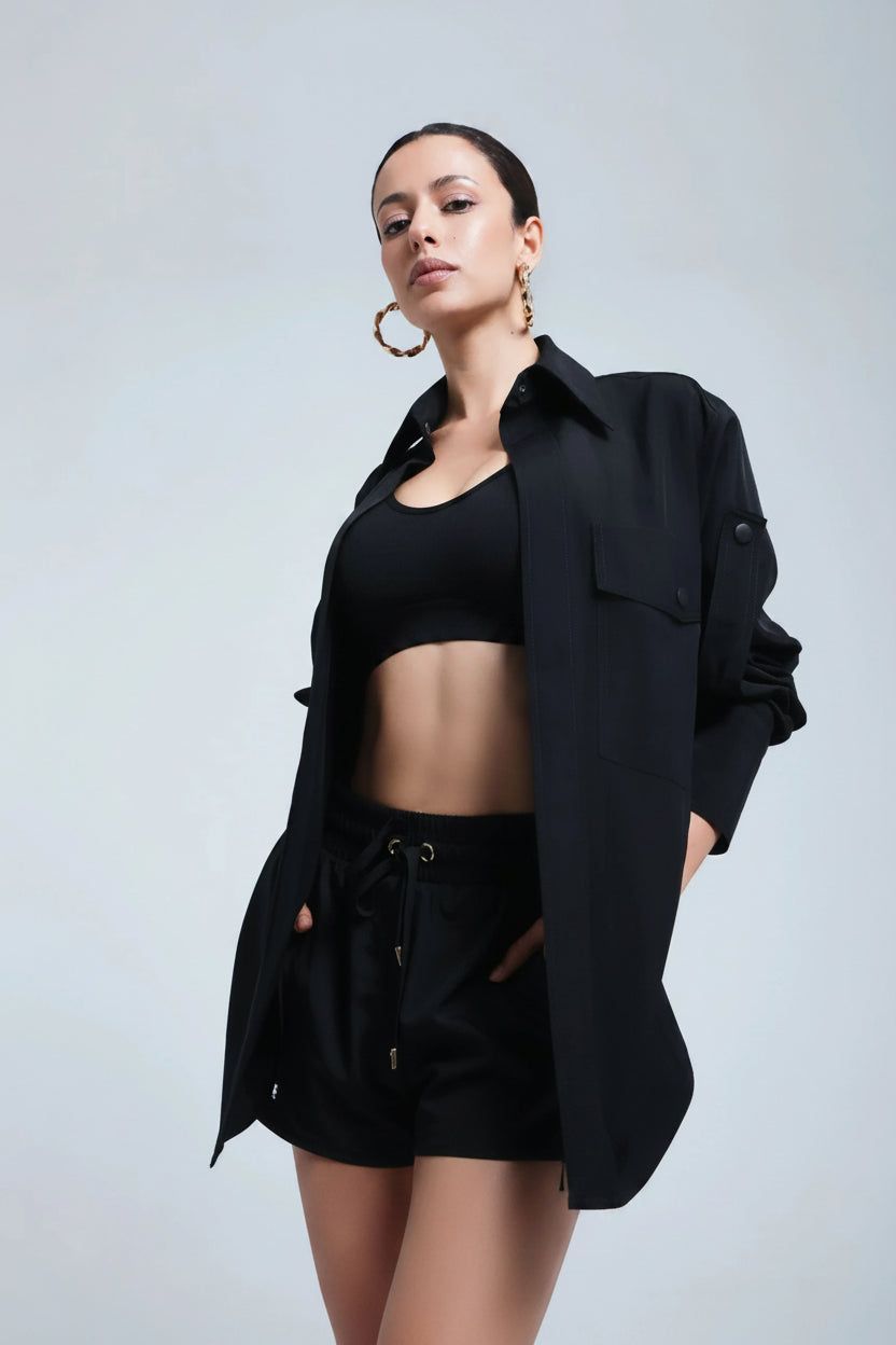 Oversized Utility Shirt Over Sports Bra with Satin Shorts — Streetwear Gym Outfits 2027