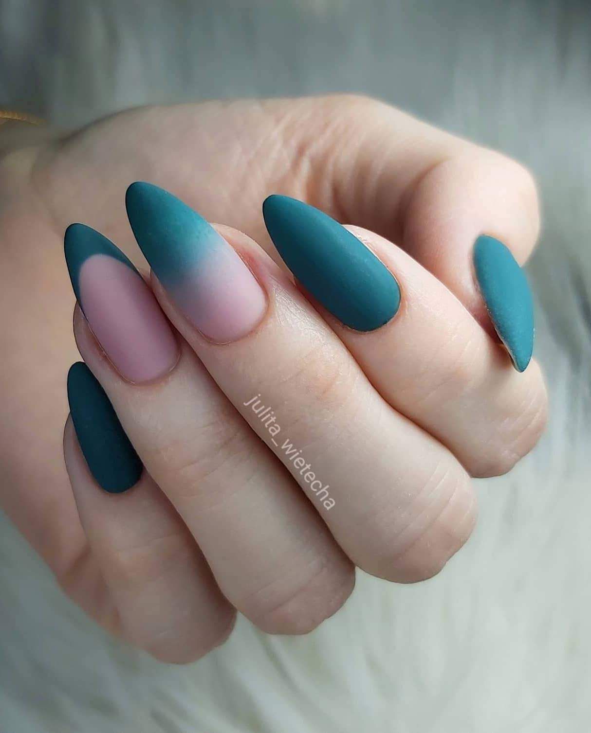 Matte Teal to Pink Ombre Almond Nails — Teal Nails 2027