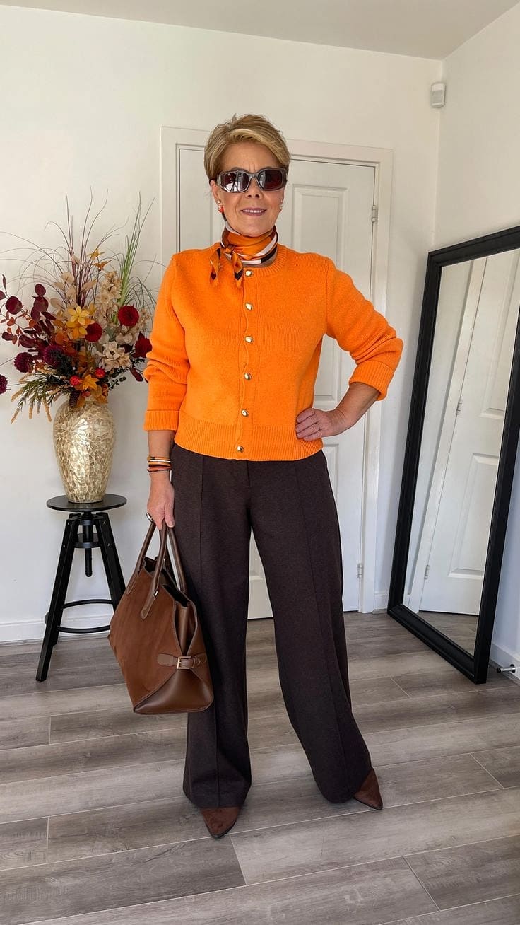 Bright Orange Cardigan and Wide-Leg Trousers for a Bold Statement — Outfits 2027 for Women Over 60