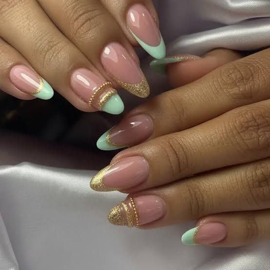 Sheer Pink Base Mint Green Gold Glitter Visual Idea Sheer Pink Base Mint Green Gold Glitter Visual Idea — Colored Double French Nails 2027