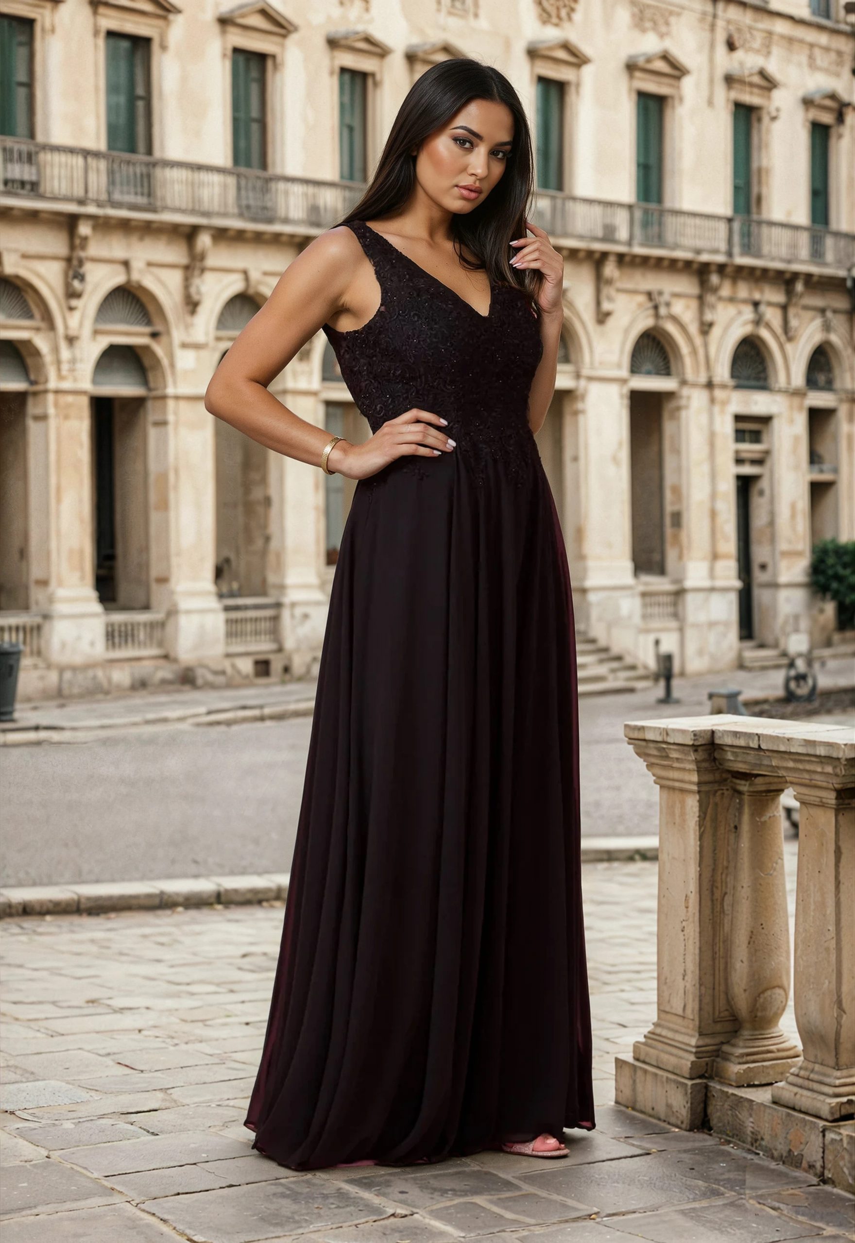 A-Line Evening Gown with Lace Bodice and Chiffon Skirt A-Line Evening Gown with Lace Bodice and Chiffon Skirt — Black Tie Dresses 2027