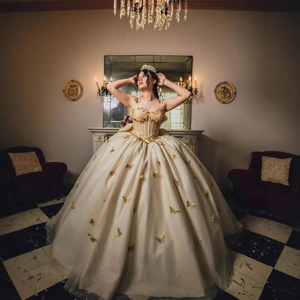 Whimsical Champagne Ballgown with Scattered Gold Butterfly Appliques — Champagne Quinceanera Dress 2027
