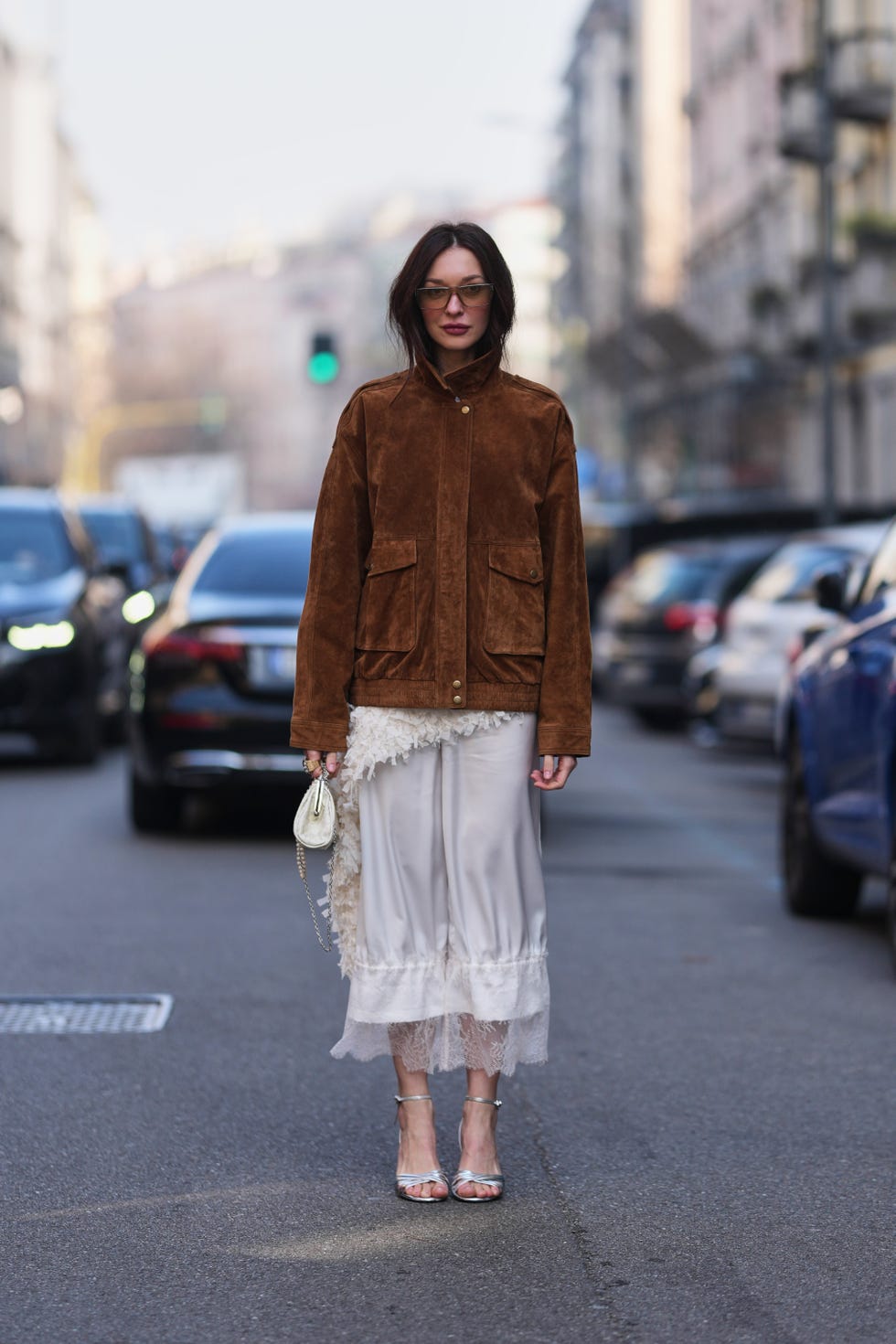 Suede Bomber Jacket Over Lace-Trimmed Top and Satin Skirt Suede Bomber Jacket Over Lace-Trimmed Top and Satin Skirt — Brown Outfits 2027