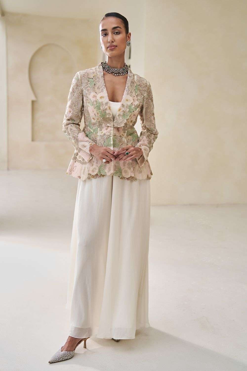 Ivory Tulle Jacket Set with Hand-Embellished Floral Details — 3D Floral Outfits 2027