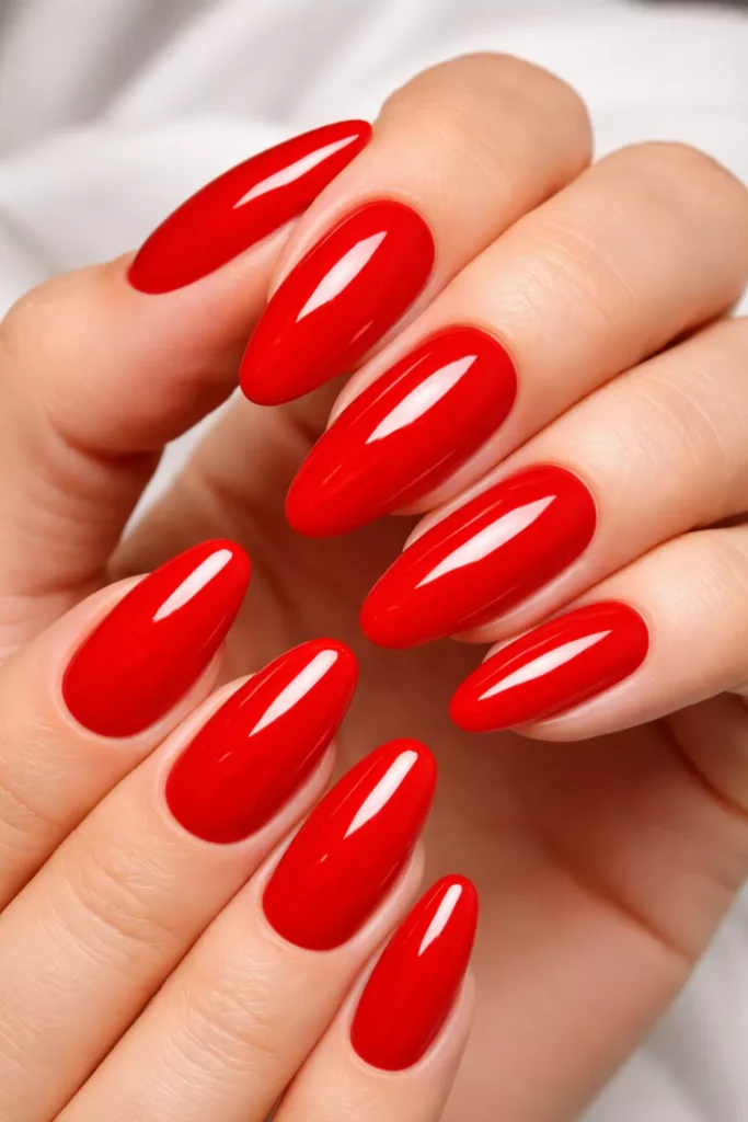 Vibrant Red Glossy Medium Almonds Vibrant Red Glossy Medium Almonds — Cherry Red Nails 2027