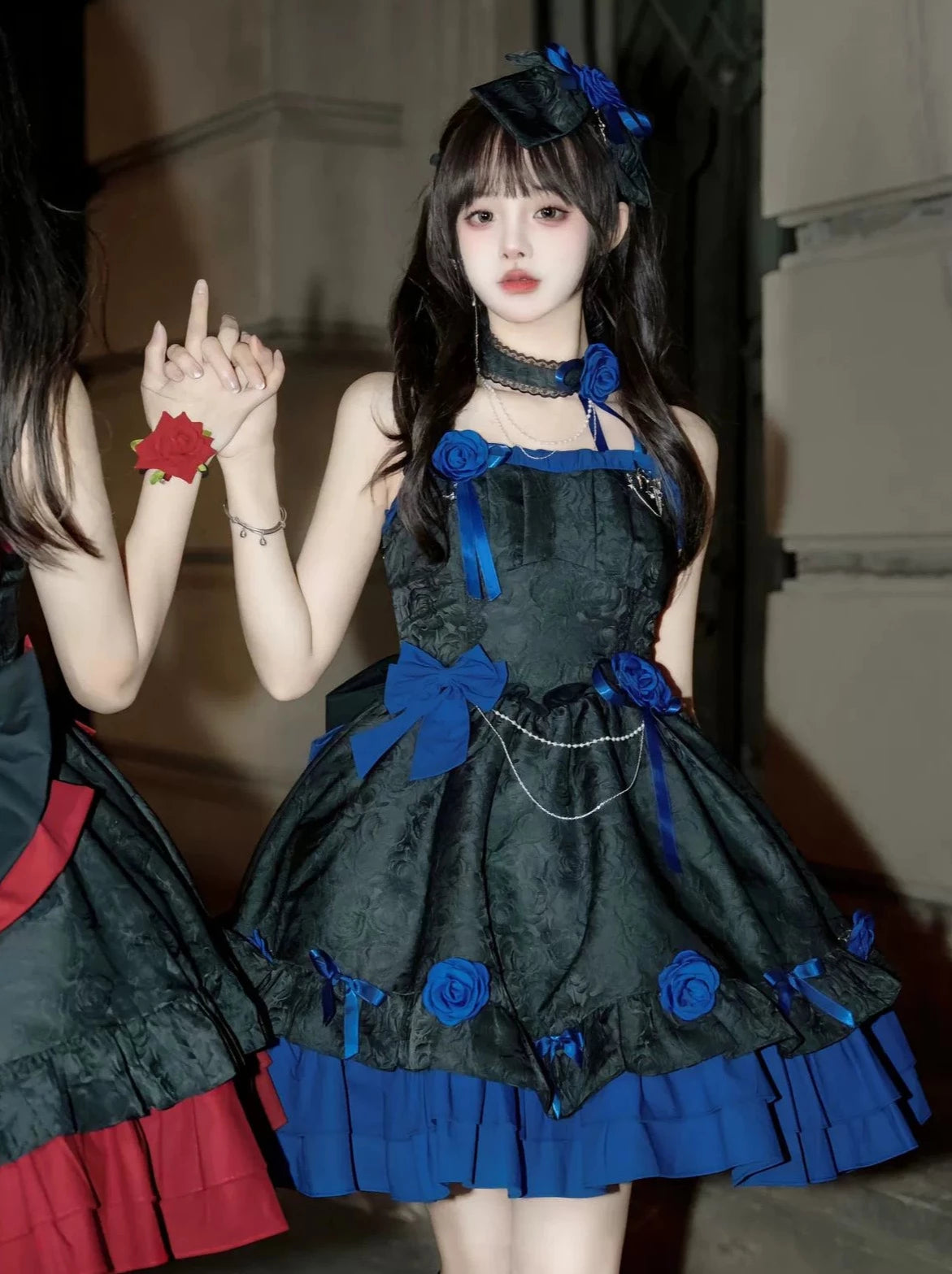 Brocade Dress with Royal Blue Underskirt and Ribbon Shoes Brocade Dress with Royal Blue Underskirt and Ribbon Shoes — Dark Romantic Outfits 2027