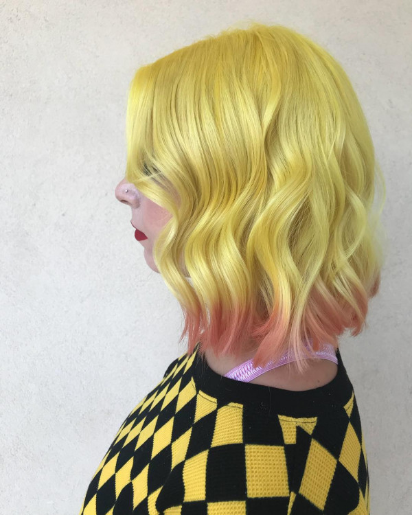 Yellow With Peachy Pink Dip Dye Ends Visual Idea Yellow With Peachy Pink Dip Dye Ends Visual Idea — Dip Dye Bob 2027