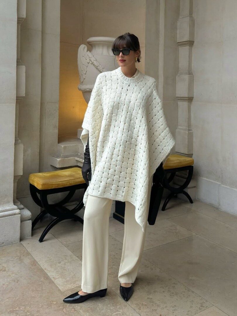 Cream Oversized Knit Poncho with Wide-Leg Trousers for Cozy Elegance — Dressy Winter Outfits 2027