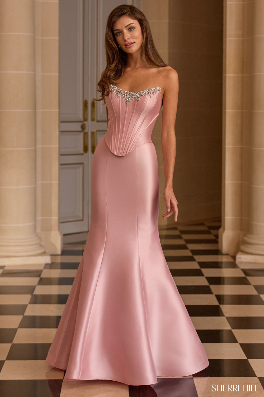 Pink Satin Strapless Mermaid Gown with Beaded Neckline Pink Satin Strapless Mermaid Gown with Beaded Neckline — Mermaid Dresses 2027