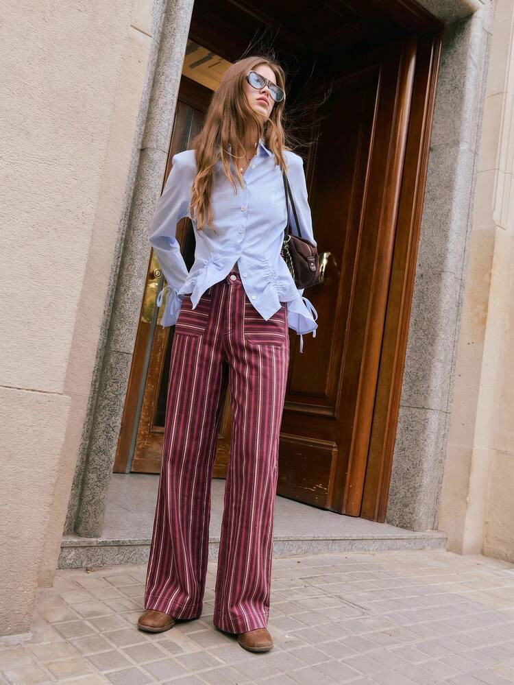 Casual Flair: Burgundy Pinstripe Trousers with Button-Down Casual Flair: Burgundy Pinstripe Trousers with Button-Down — Pinstripe Pants Outfits 2027