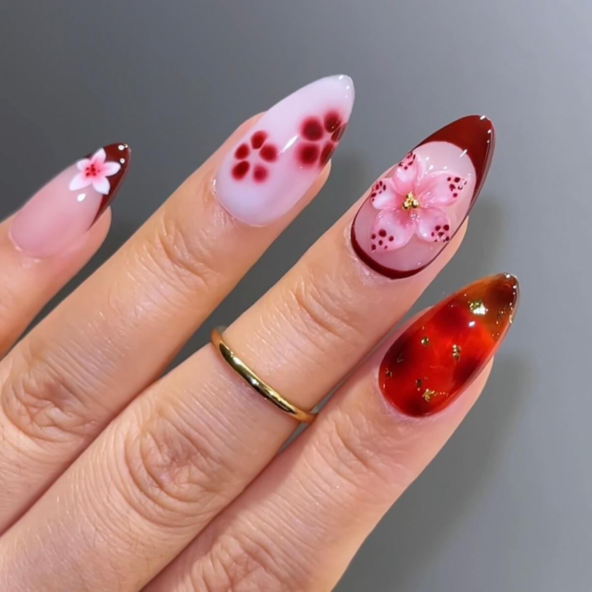3D Floral and Gold Foil on Long Almonds — Floral Gel Nails 2027
