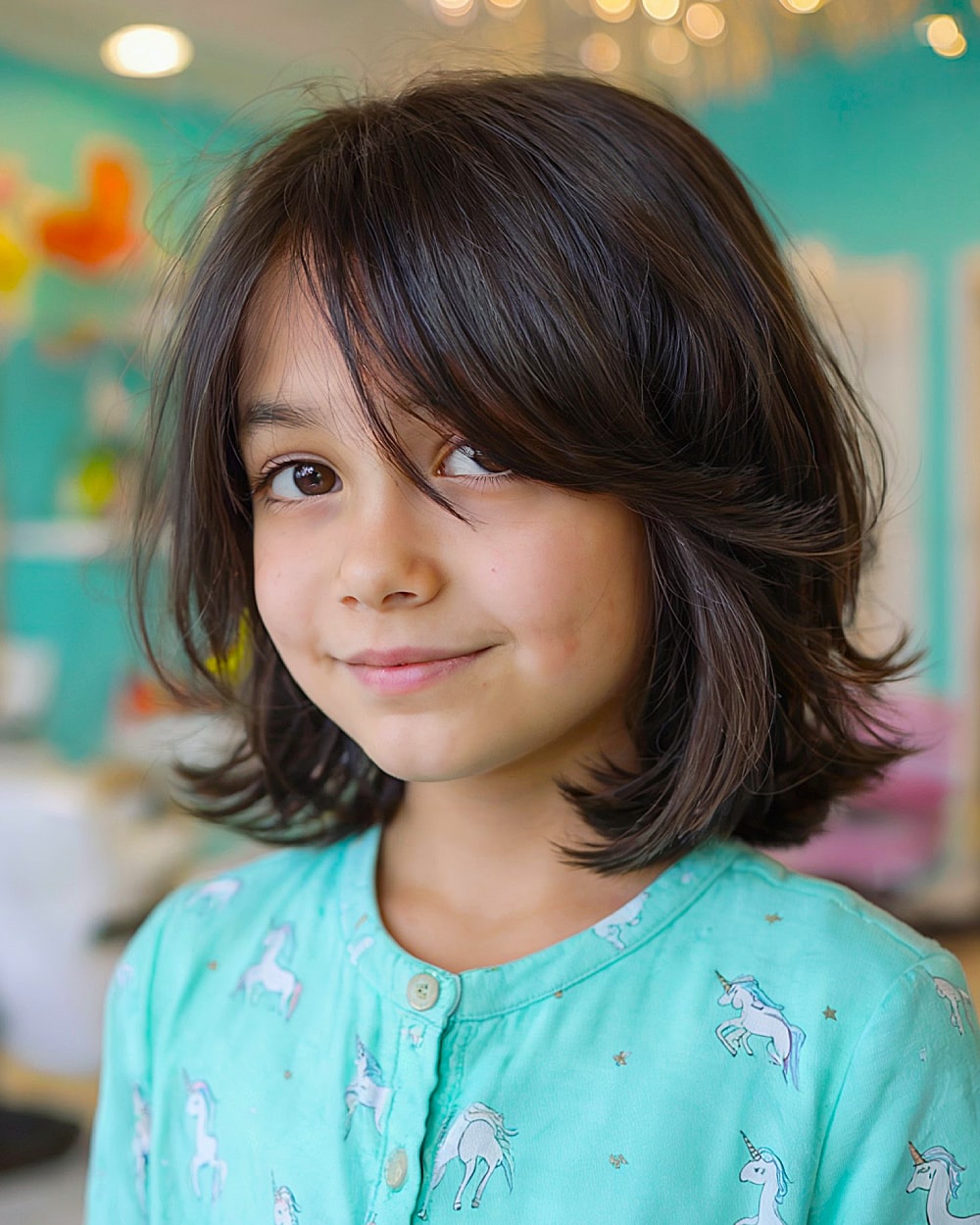 Layered Dark Brown Bob With Flipped Ends Layered Dark Brown Bob With Flipped Ends — Little Girl Hairstyles 2027
