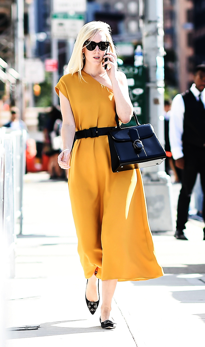 Mustard Midi Dress Cinched with a Wide Black Belt — Mustard Outfits 2027