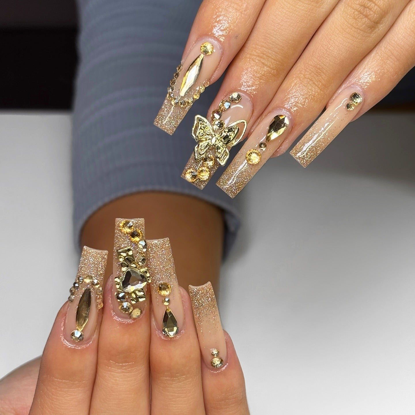 Extra Long Coffin Gold Glitter Butterfly — Sparkly Prom Nails 2027