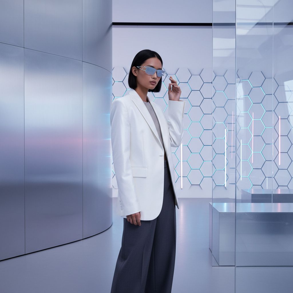 Futuristic Sunglasses Elevate a Neutral Blazer and Trouser Combo Futuristic Sunglasses Elevate a Neutral Blazer and Trouser Combo — Tech Office Outfits 2027