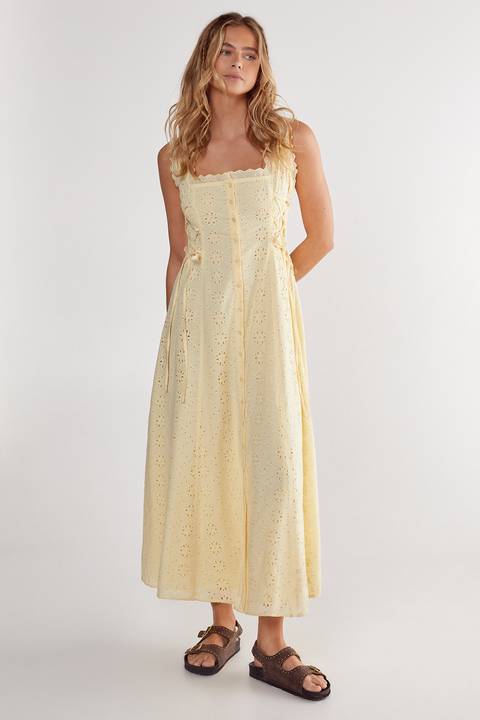 Pale Yellow Eyelet Midi Dress for a Chic Summer Shower Pale Yellow Eyelet Midi Dress for a Chic Summer Shower — Summer Baby Shower Outfits 2027