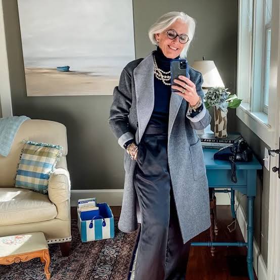 Grey Oversized Coat with Navy Turtleneck and Pearl Necklace Grey Oversized Coat with Navy Turtleneck and Pearl Necklace — Winter Grey Outfits 2027