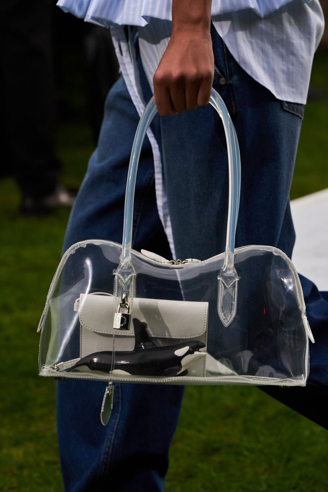 Oversized Shirt and Jeans with a Clear Handbag and Orca Charm — Clear Bag Outfits 2027