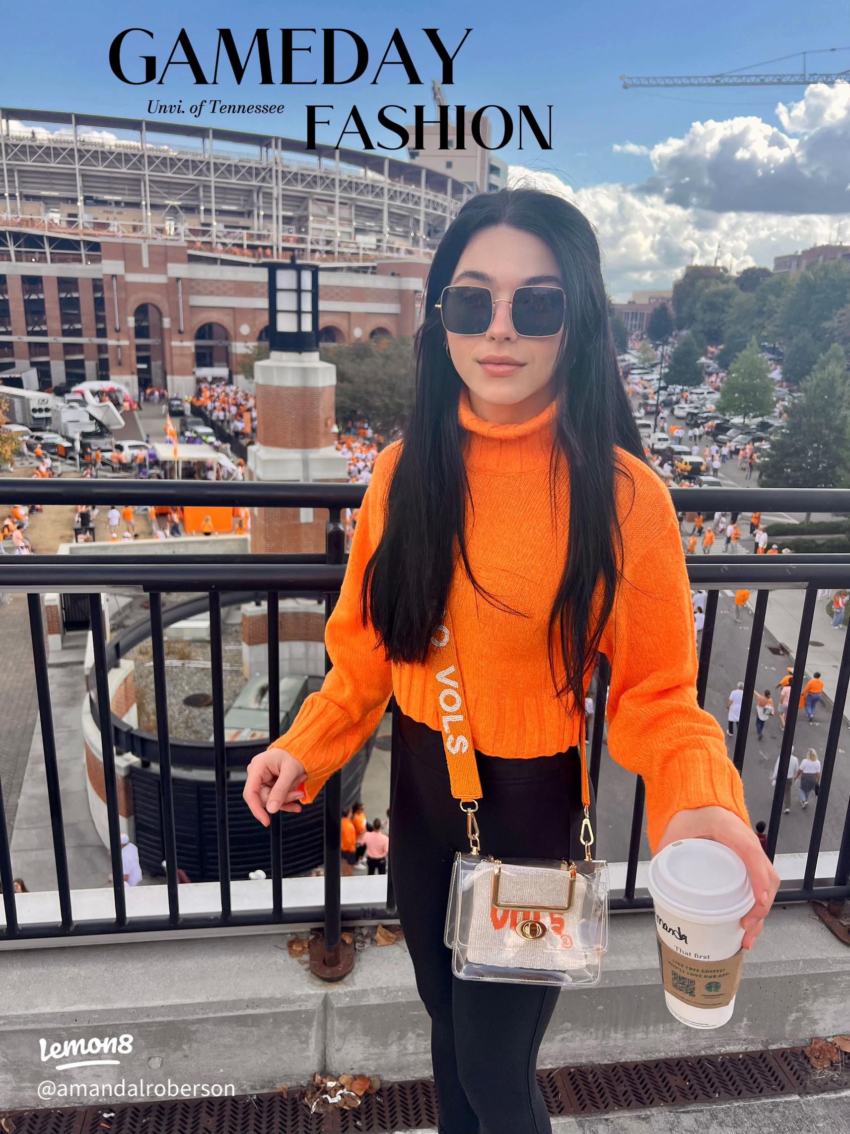 Bold Orange: Cropped Turtleneck with Black Leggings — College Game Day Outfits 2026