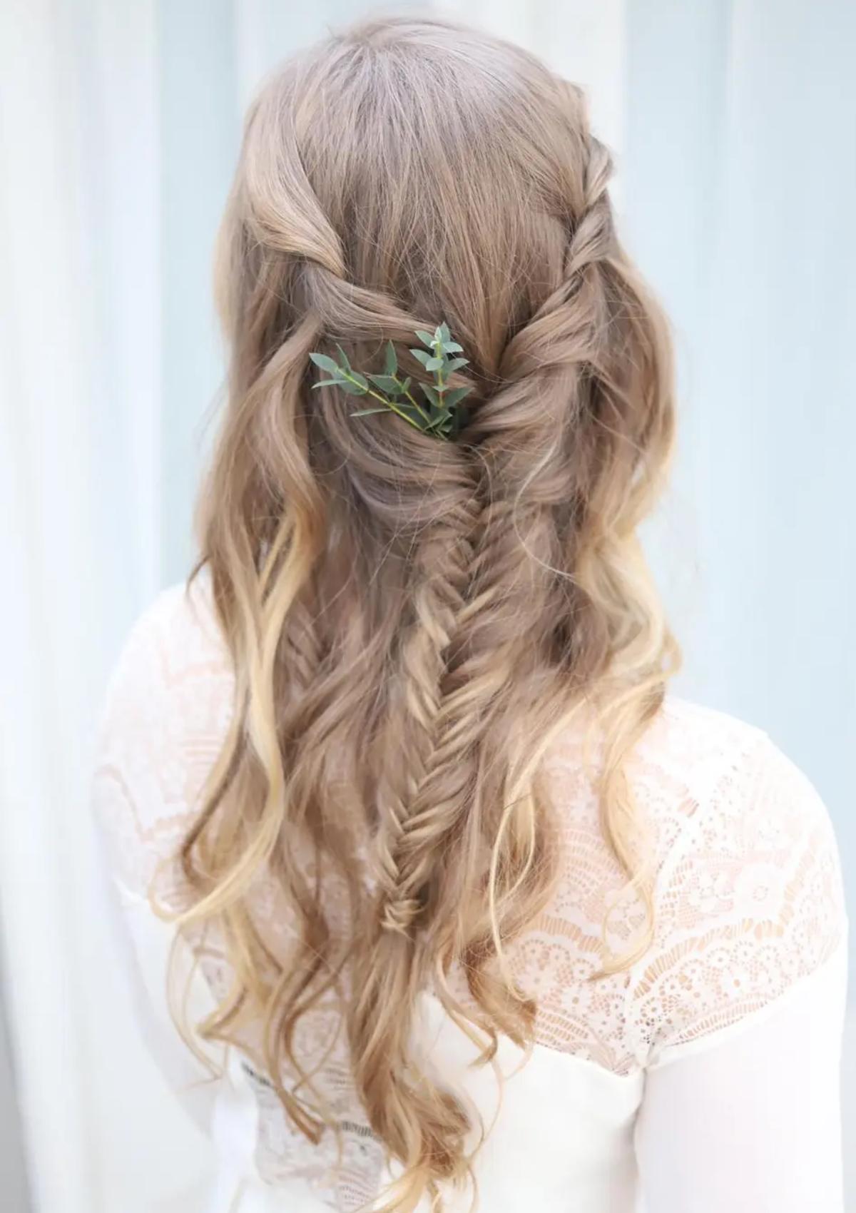 Blonde Half-Up Fishtail Braid With Greenery — Beach Wedding Hair 2027