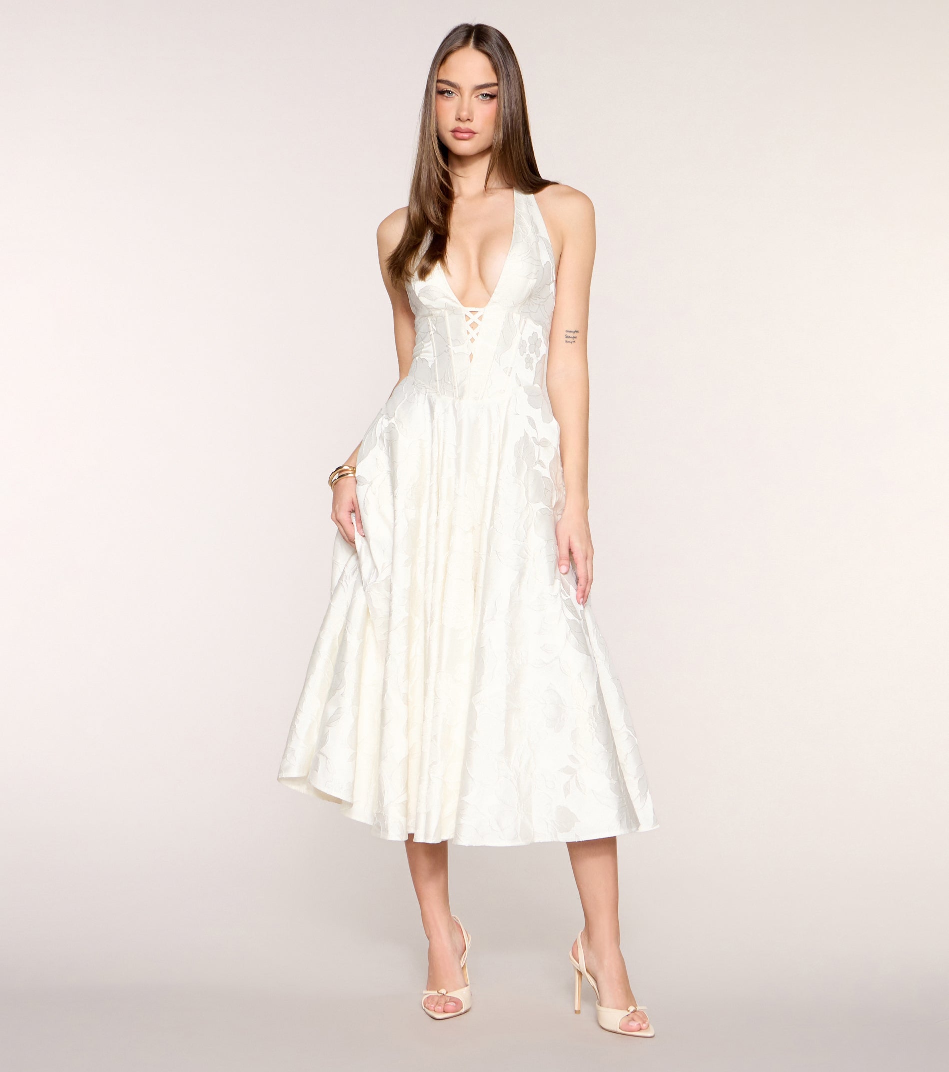 Elegant Ivory Halter Neck Fit-and-Flare Midi — Bridal Shower Dresses 2027
