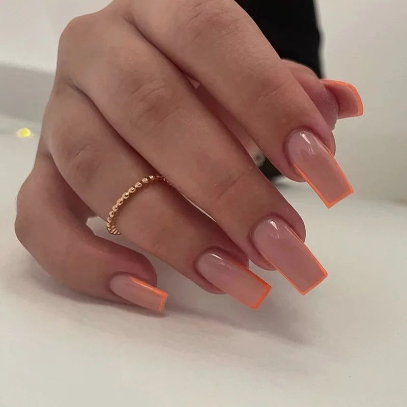 Nude Base Neon Orange French Tip Squares Nude Base Neon Orange French Tip Squares — Peach Square Nails 2027