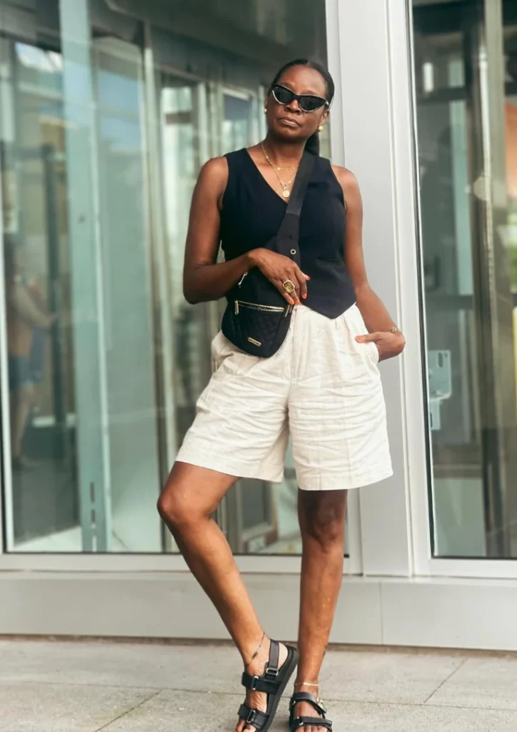 Effortless Cream Linen Shorts with Black Vest and Crossbody Bag Effortless Cream Linen Shorts with Black Vest and Crossbody Bag — Summer Outfits 2027 with Shorts