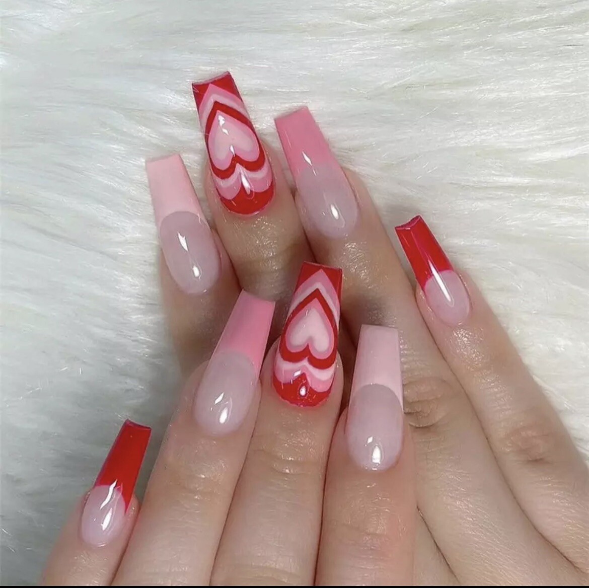 Pink Red Gradient French Heart Coffin Nails Pink Red Gradient French Heart Coffin Nails — Valentines Coffin Nails 2027