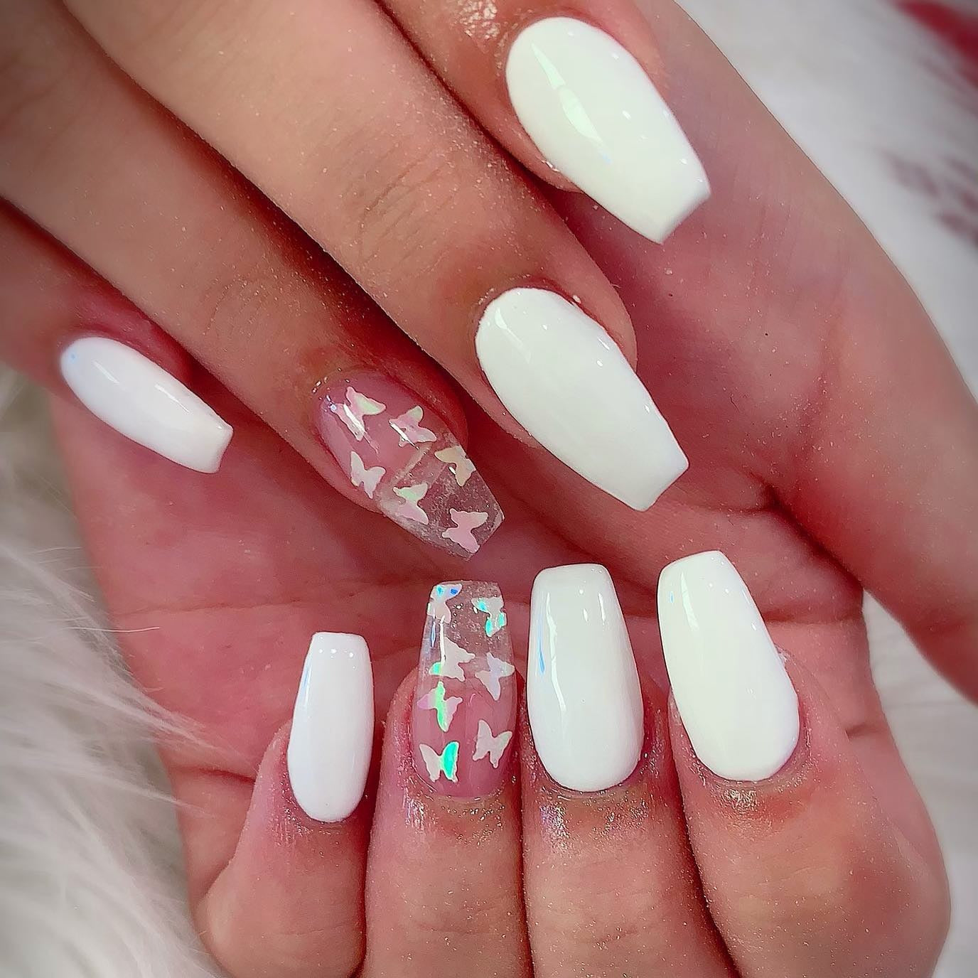 Opaque White with Iridescent Butterfly Accents Opaque White with Iridescent Butterfly Accents — Short Butterfly Coffin Nails 2027