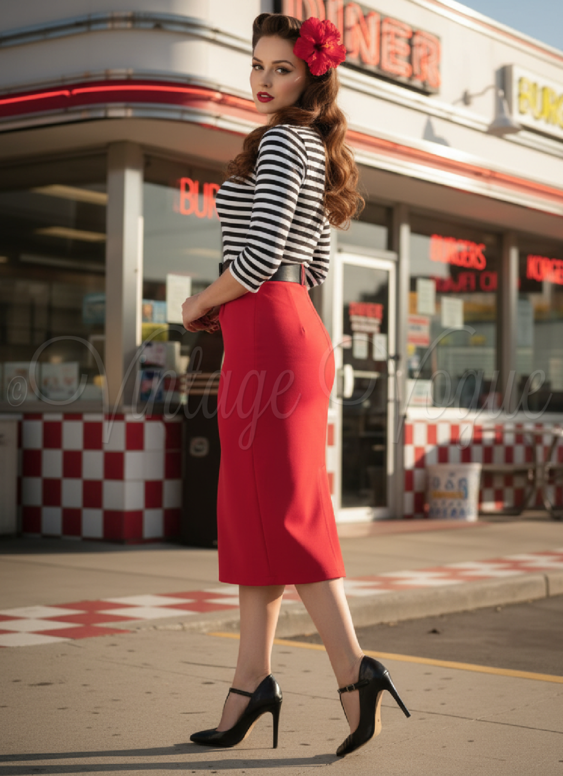 Striped Top with Red Pencil Skirt and T-Strap Heels Striped Top with Red Pencil Skirt and T-Strap Heels — Pin Up Outfits 2027
