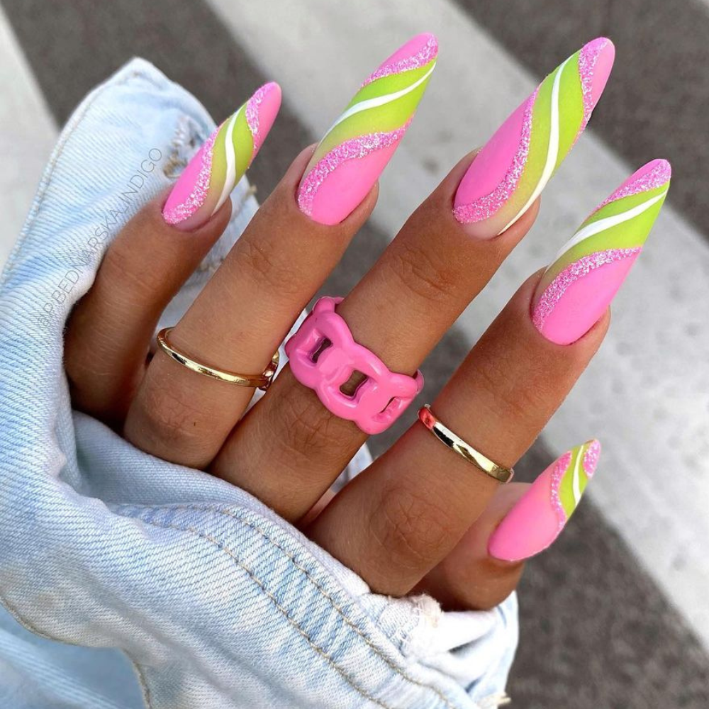 Bright Pink Stiletto with Neon Green Stripes Bright Pink Stiletto with Neon Green Stripes — Pink Rave Nails 2027