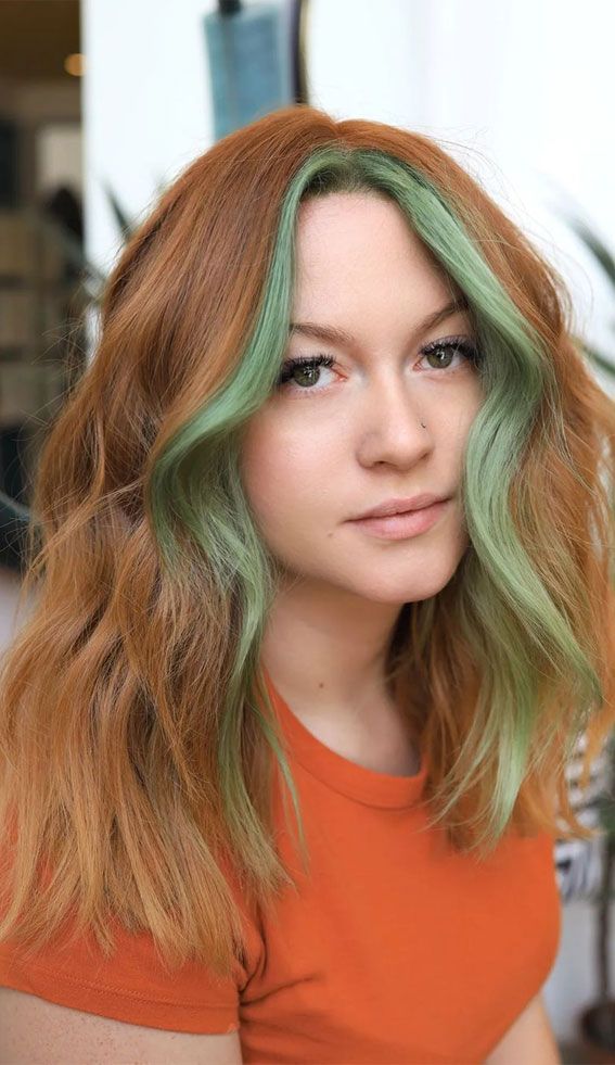Collarbone Lob Copper With Green Money Piece — Green and Blonde Hair 2027