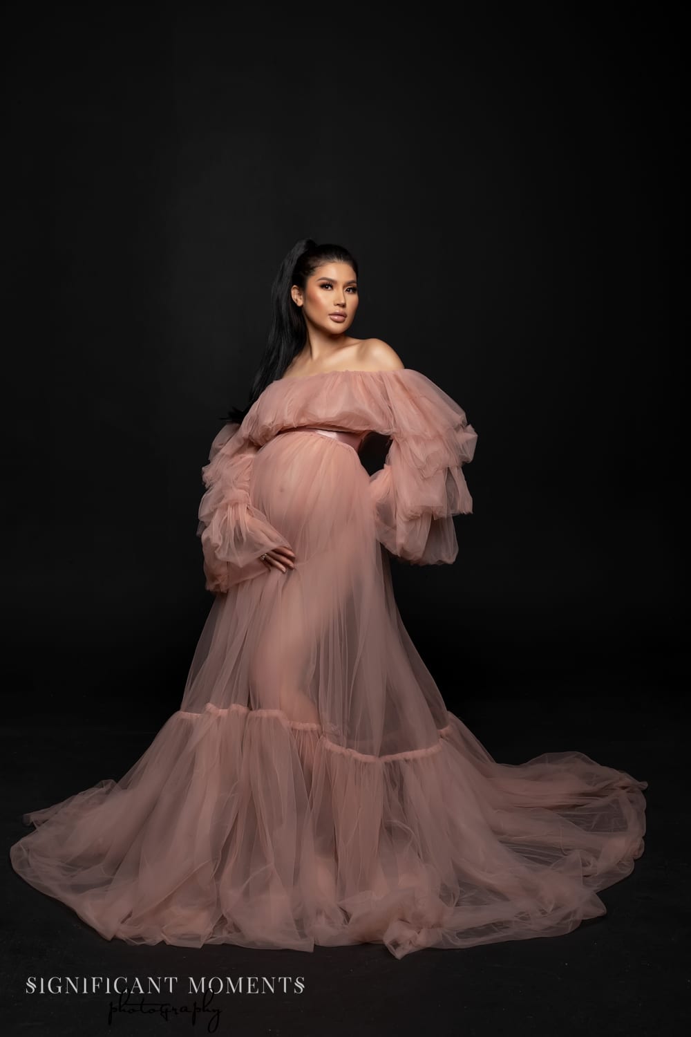 Dusty Pink Off-Shoulder Maternity Gown with Voluminous Tulle Sleeves Dusty Pink Off-Shoulder Maternity Gown with Voluminous Tulle Sleeves — Maternity Dresses 2027