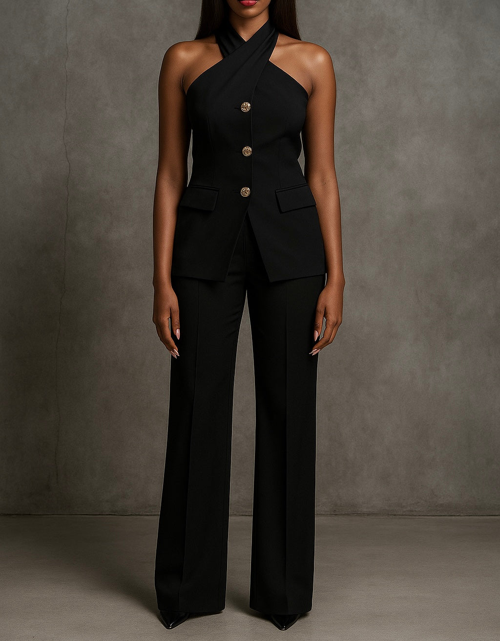 Tailored Black Halter Neck Suit for Sophisticated Formality — Tall Women Outfits 2027