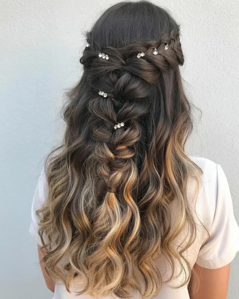 Dark Brown With Blonde Highlights Jeweled Braided Crown Half-Up Dark Brown With Blonde Highlights Jeweled Braided Crown Half-Up — Prom Hairstyles Braids 2027