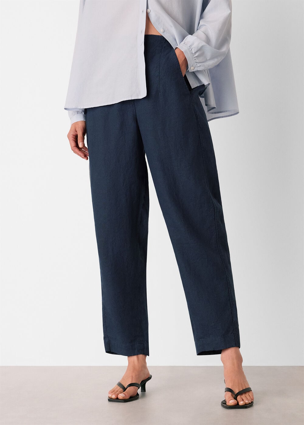 Black Kitten Heel Sandals Outfit Idea — Navy Blue Linen Pants Outfits 2027