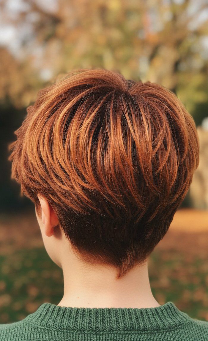 Copper Pixie with Volume Back View Copper Pixie with Volume Back View — Pixie Cut 2027 for Round Face