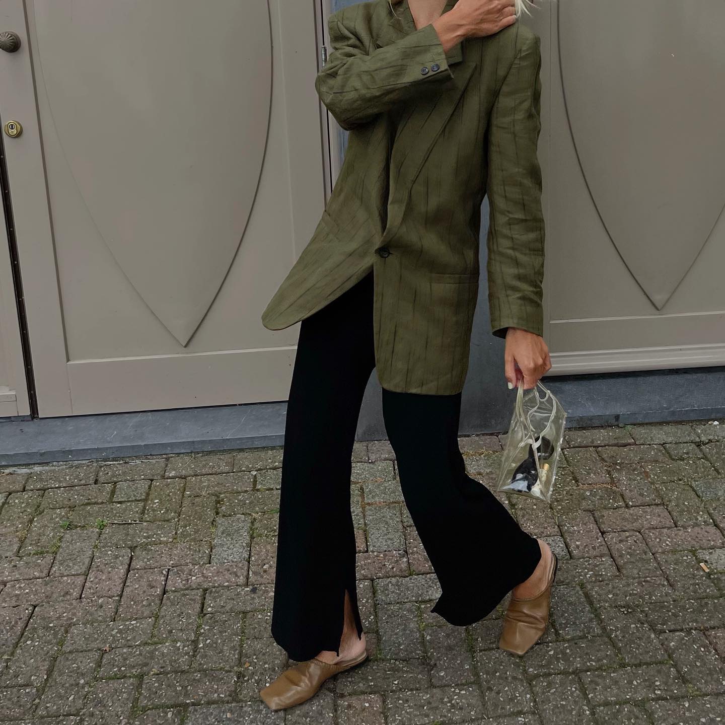Asymmetrical Olive Green Pinstripe Blazer with Flared Trousers Asymmetrical Olive Green Pinstripe Blazer with Flared Trousers — Olive Green Outfits 2027