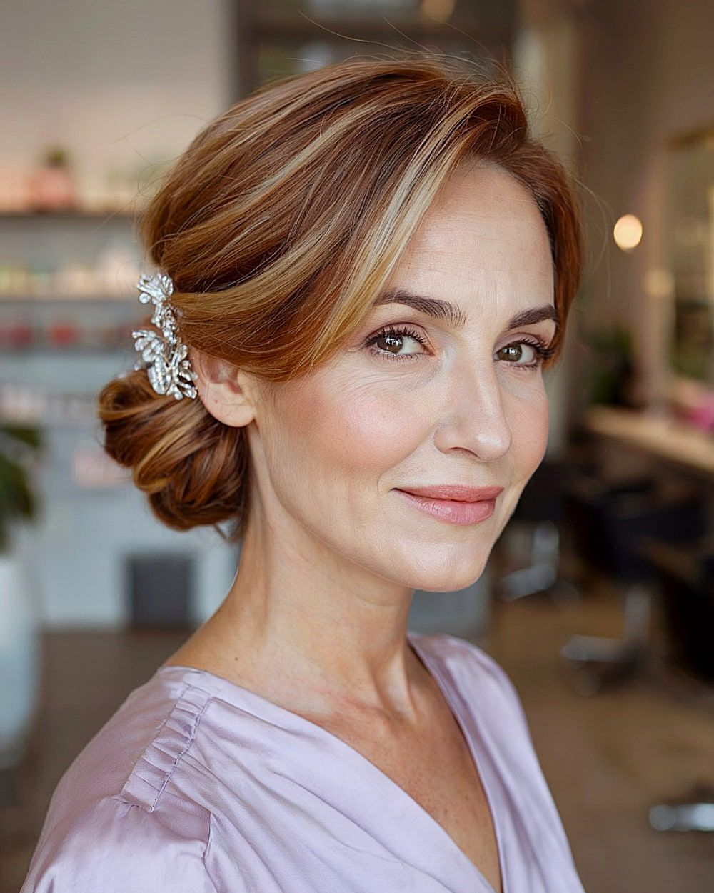 Warm Brown Low Bun With Sparkle — Down Mother of the Bride Hairstyles 2027