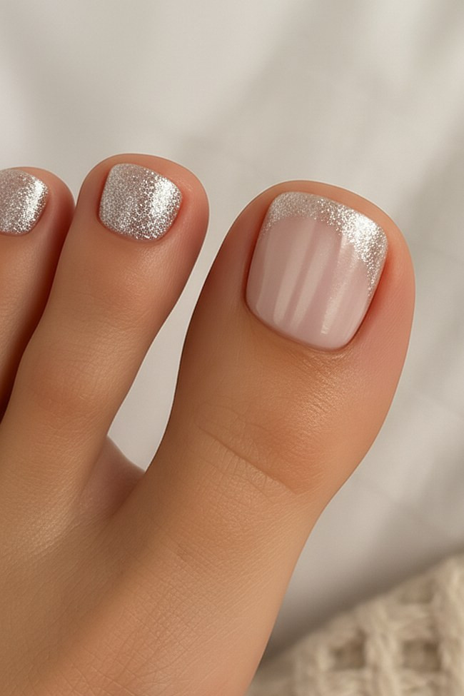 Nude Base with Silver Glitter French Tip Nude Base with Silver Glitter French Tip — Silver Toe Nails 2027