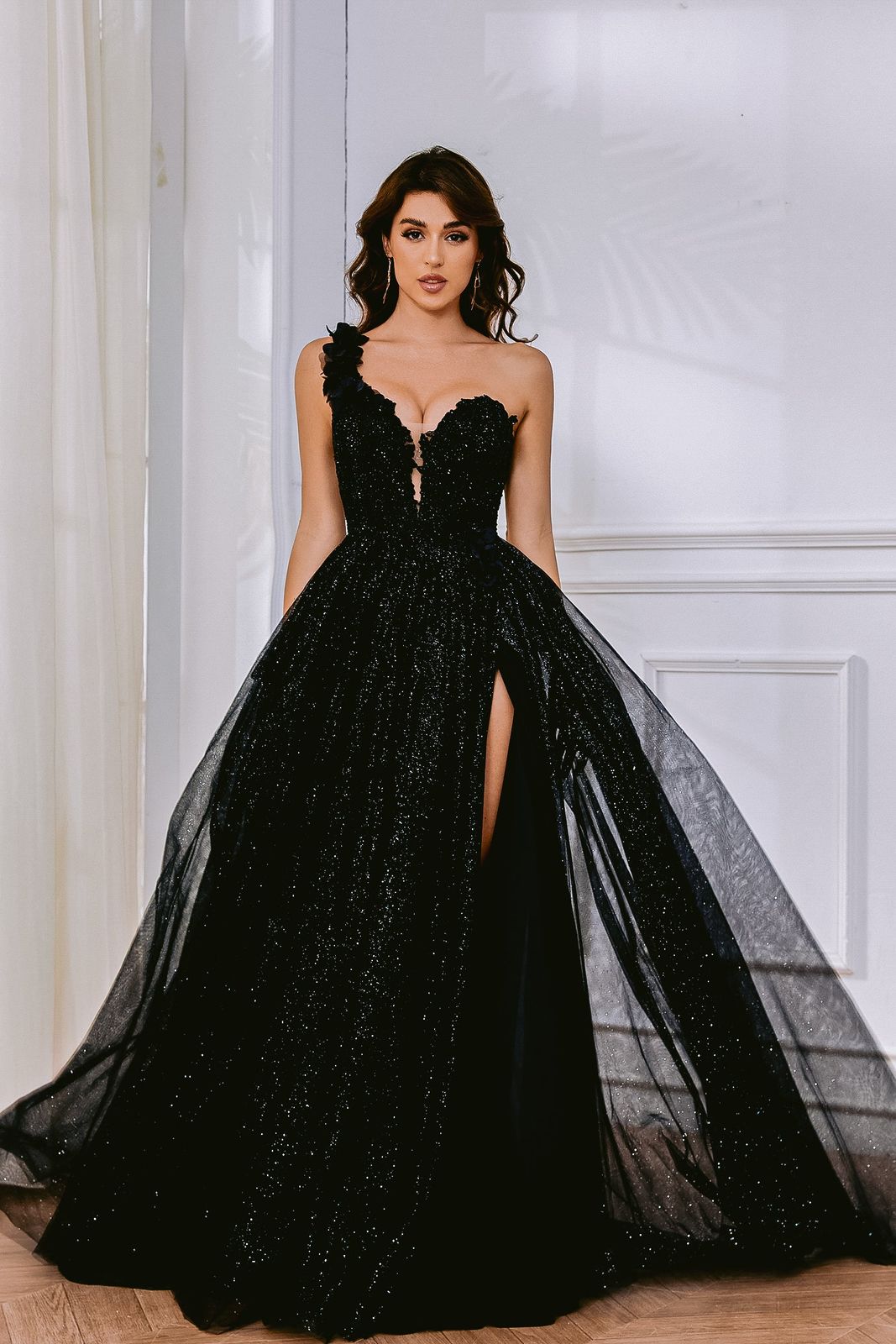 Elegant Drama: Black Glitter Tulle One-Shoulder Gown Elegant Drama: Black Glitter Tulle One-Shoulder Gown — Graduation Dresses 2027