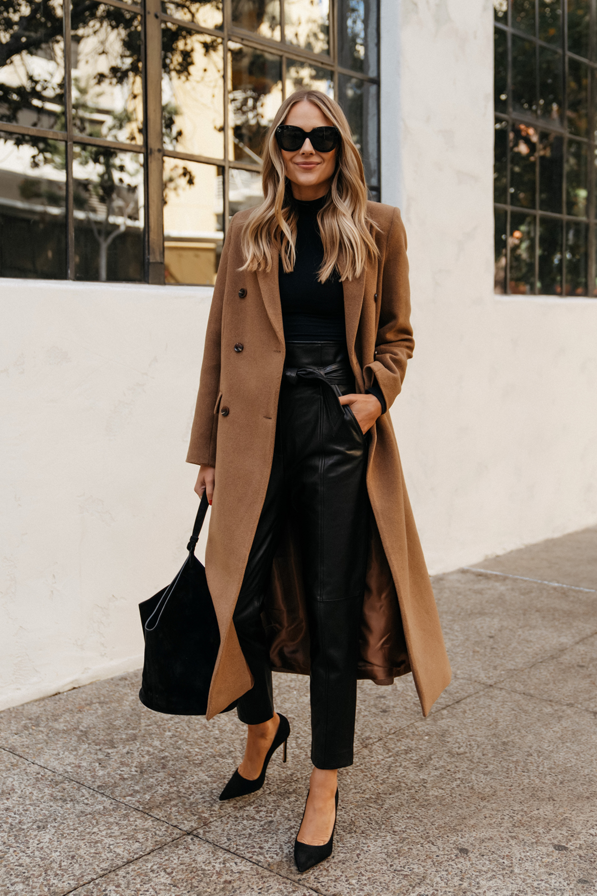Camel Long Coat with Leather Trousers and Pumps Camel Long Coat with Leather Trousers and Pumps — Winter Outfits 2027 with Long Coat